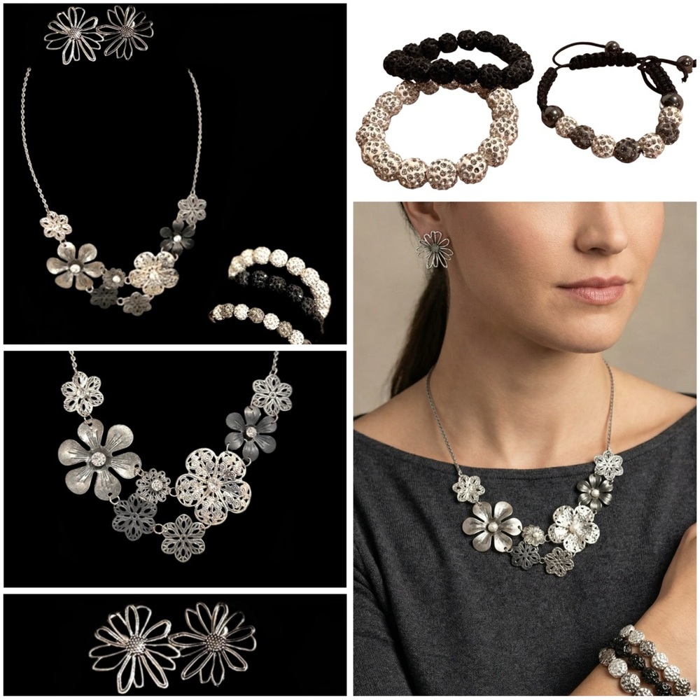 Jewelry Bundle (5) : Flowered Necklace, Daisy Flower Earrings, 3 Bracelets EUC